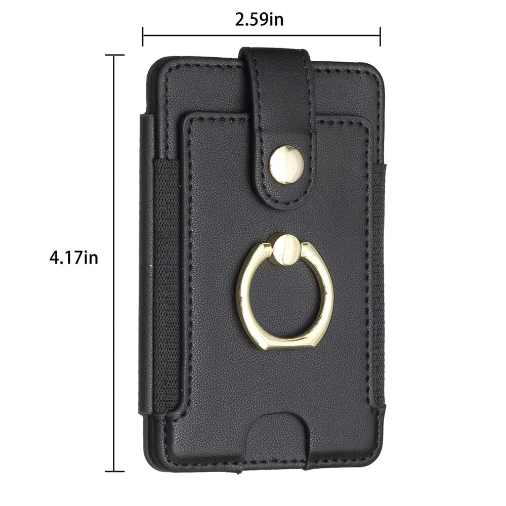 BFK03 Self-adhesive Phone Back Card Holder PU Leather Card Bag with Finger Ring Holder - Black - 7