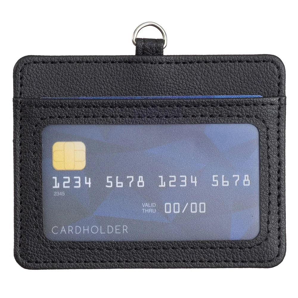 BFK14 Horizontal ID Badge Credit Card Protective Case PU Leather Card Storage Bag with Lanyard - Black - 1