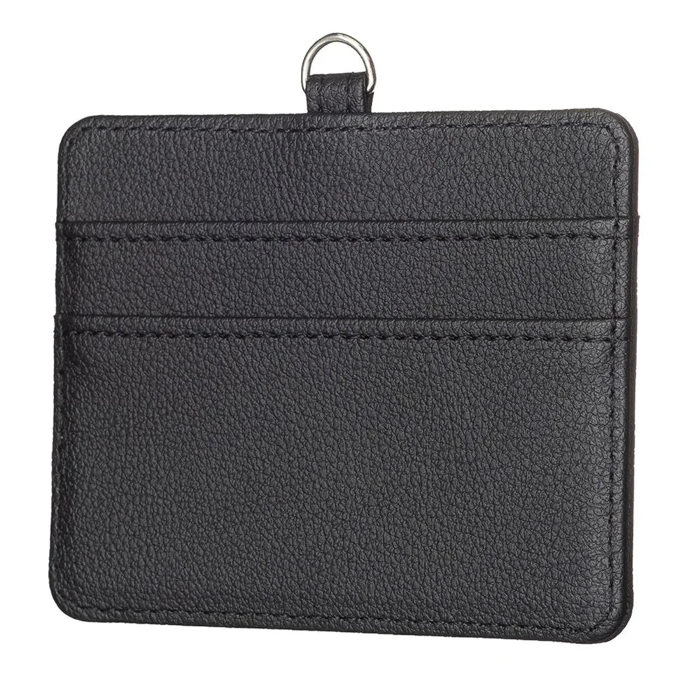 BFK14 Horizontal ID Badge Credit Card Protective Case PU Leather Card Storage Bag with Lanyard - Black - 2