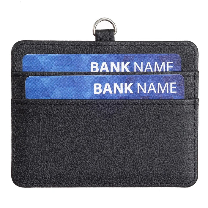 BFK14 Horizontal ID Badge Credit Card Protective Case PU Leather Card Storage Bag with Lanyard - Black - 3