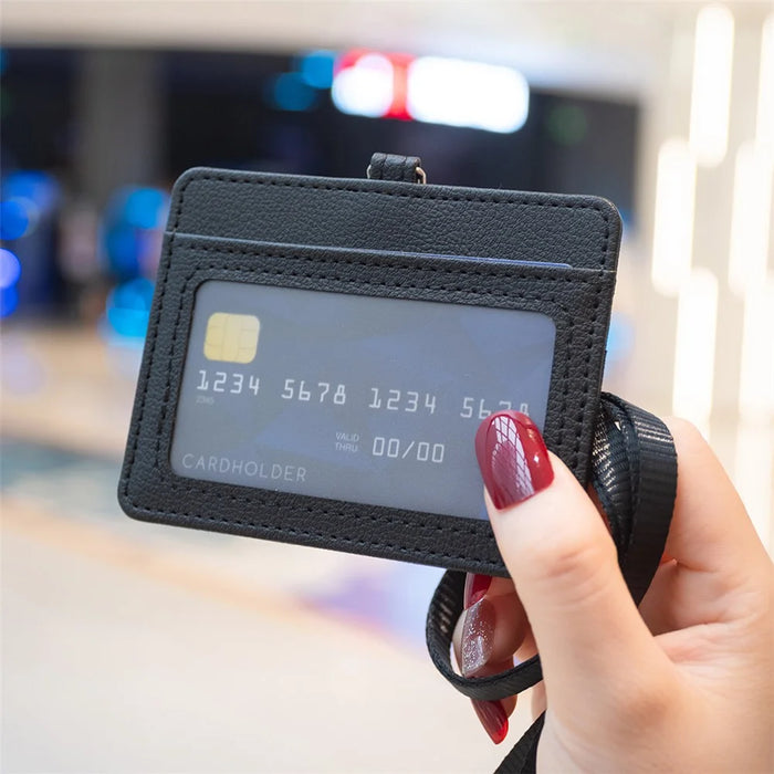 BFK14 Horizontal ID Badge Credit Card Protective Case PU Leather Card Storage Bag with Lanyard - Black - 4
