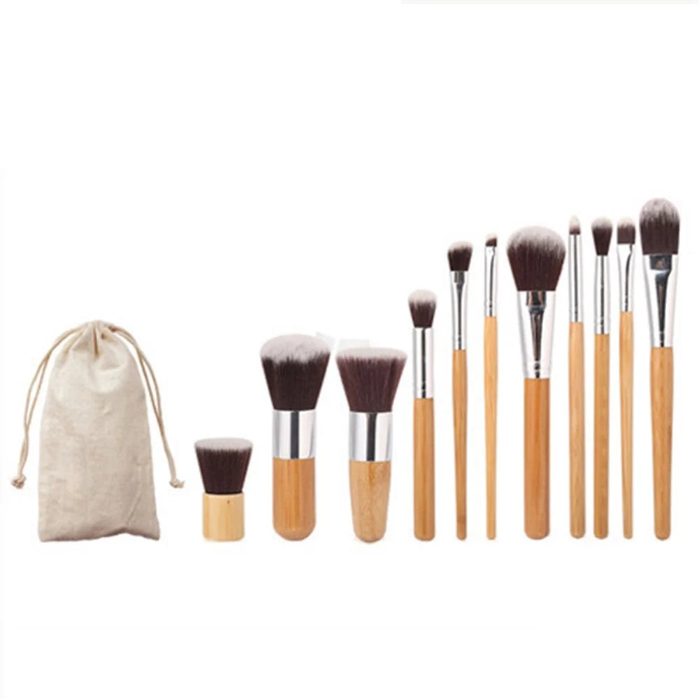 11Pcs Natural Bamboo Handle Makeup Brushes Foundation Blending Cosmetic Tool Set - 1