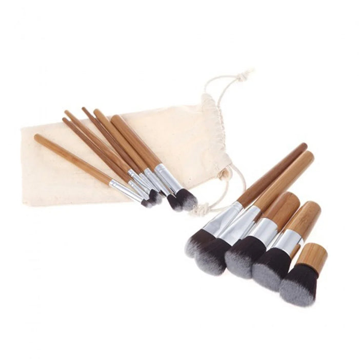11Pcs Natural Bamboo Handle Makeup Brushes Foundation Blending Cosmetic Tool Set - 5