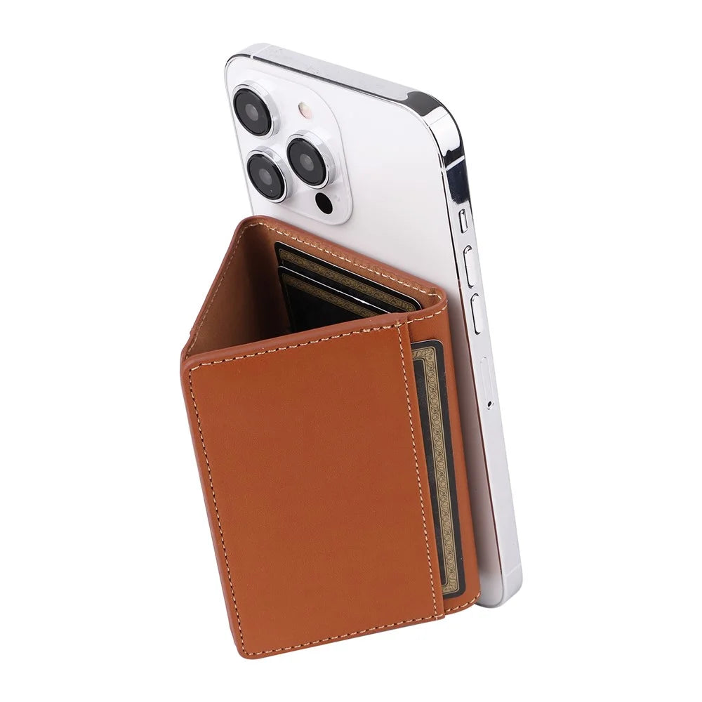 For iPhone 12 / 13 / 14 / 15 Series Magnetic Card Holder Compatible with MagSafe PU Leather Phone Wallet Stand - Brown - 3