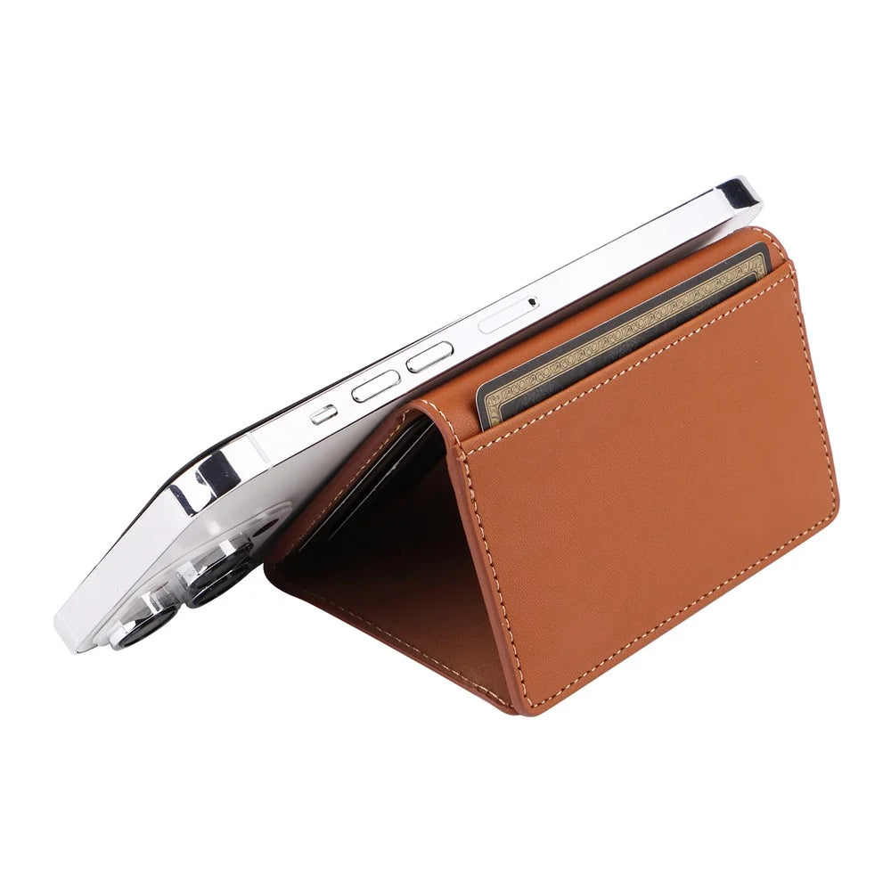 For iPhone 12 / 13 / 14 / 15 Series Magnetic Card Holder Compatible with MagSafe PU Leather Phone Wallet Stand - Brown - 4