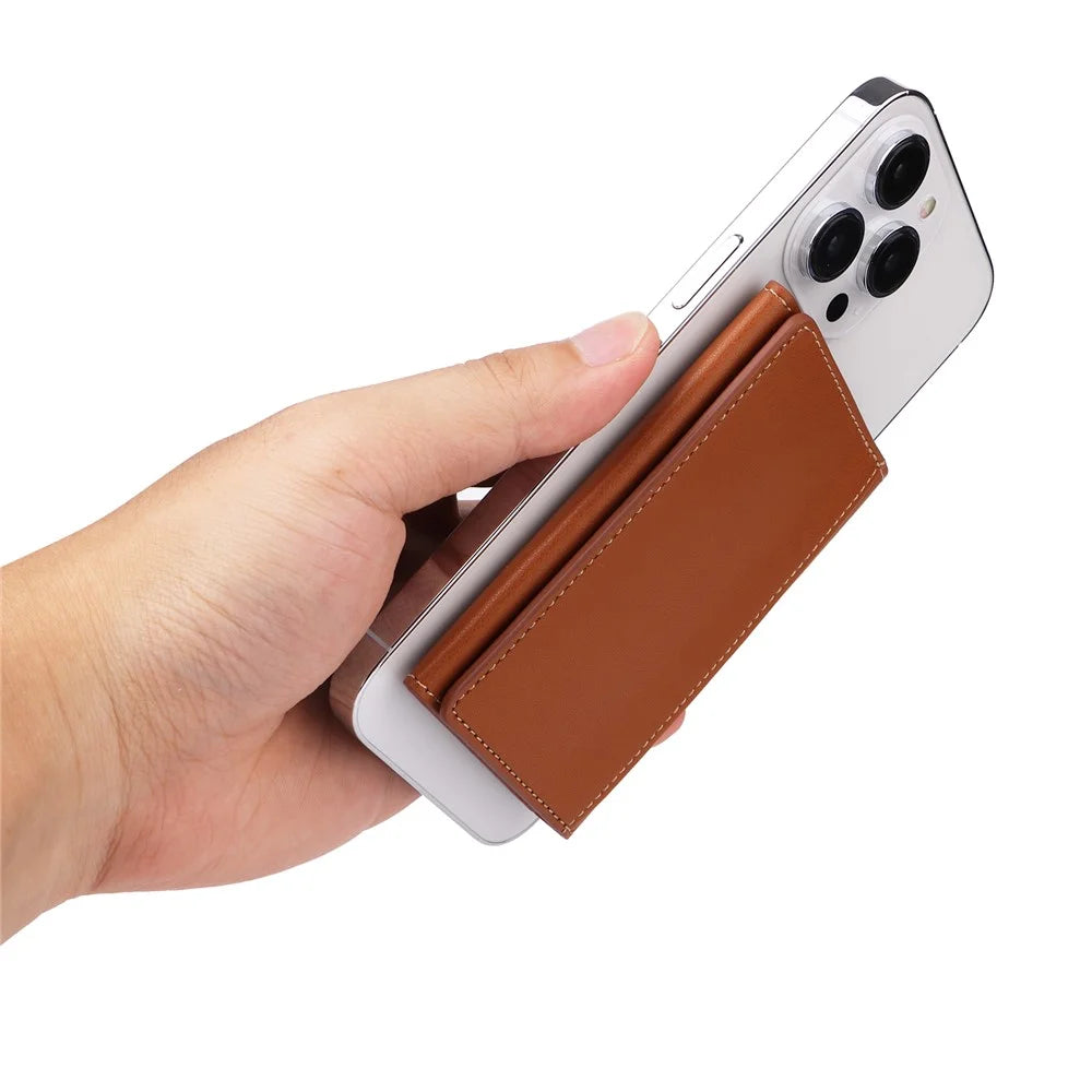 For iPhone 12 / 13 / 14 / 15 Series Magnetic Card Holder Compatible with MagSafe PU Leather Phone Wallet Stand - Brown - 7