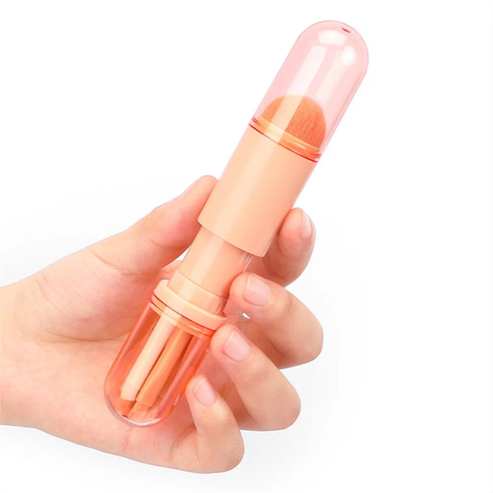 4 In 1 Telescopic Makeup Brush Portable Travel Cosmetic Brushes Set Eyeshadow Loose Powder Beauty Tool - Pink - 3