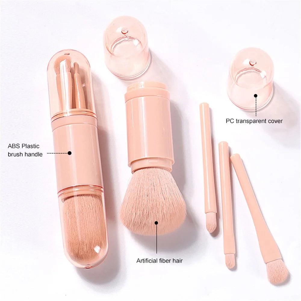 4 In 1 Telescopic Makeup Brush Portable Travel Cosmetic Brushes Set Eyeshadow Loose Powder Beauty Tool - Pink - 5