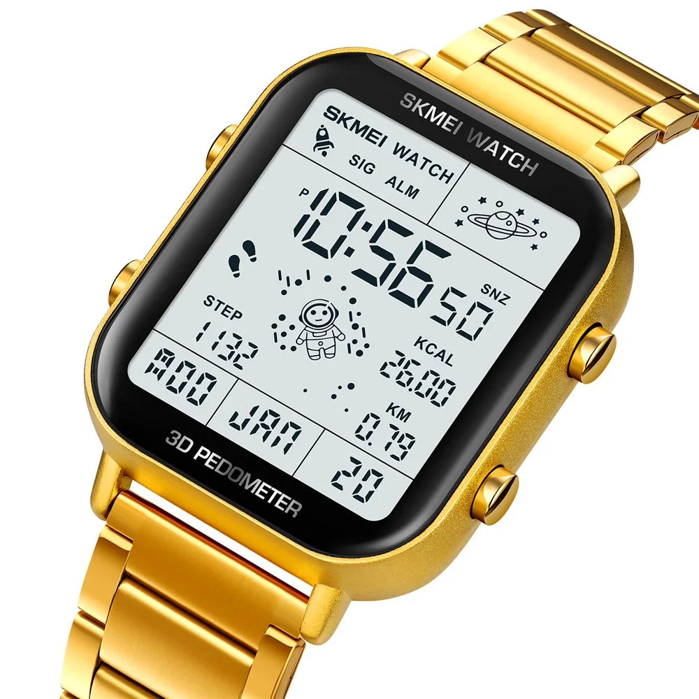 SKMEI 1888 Business Men Square Electronic Watch Steel Strap Sport Digital Watch - Gold - 3
