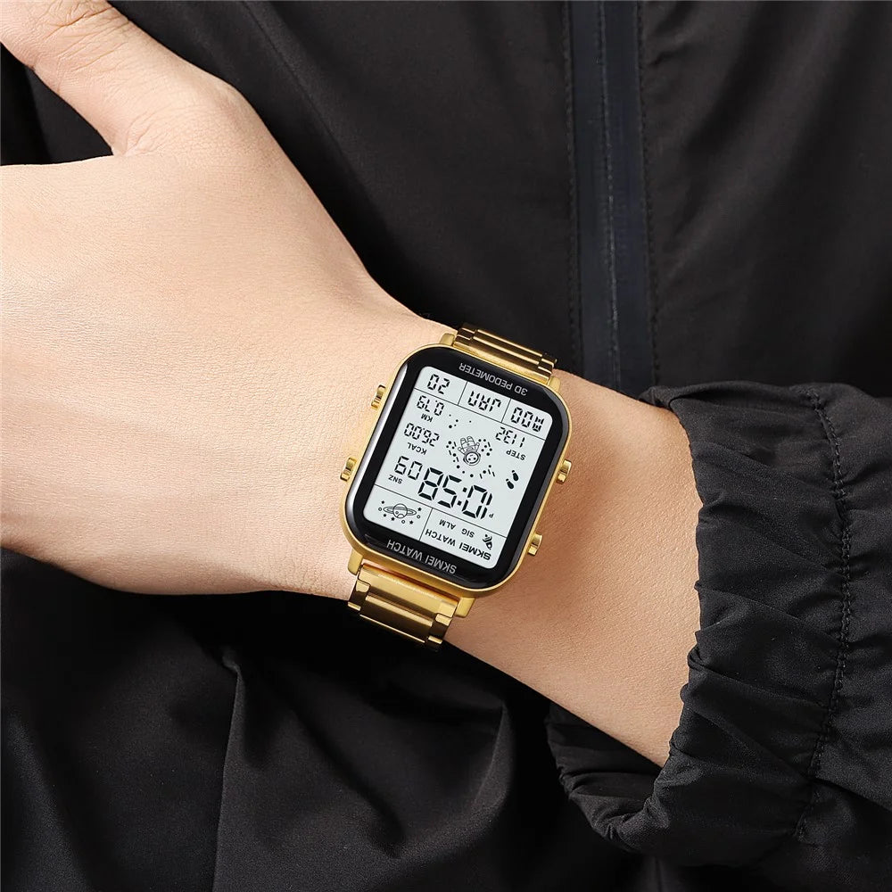 SKMEI 1888 Business Men Square Electronic Watch Steel Strap Sport Digital Watch - Gold - 7