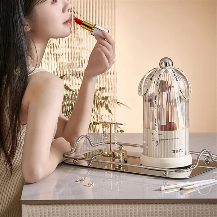 Makeup Brush Storage Bucket Rotatable Dressing Table Cosmetics Storage Rack with Lid - Beige - 2