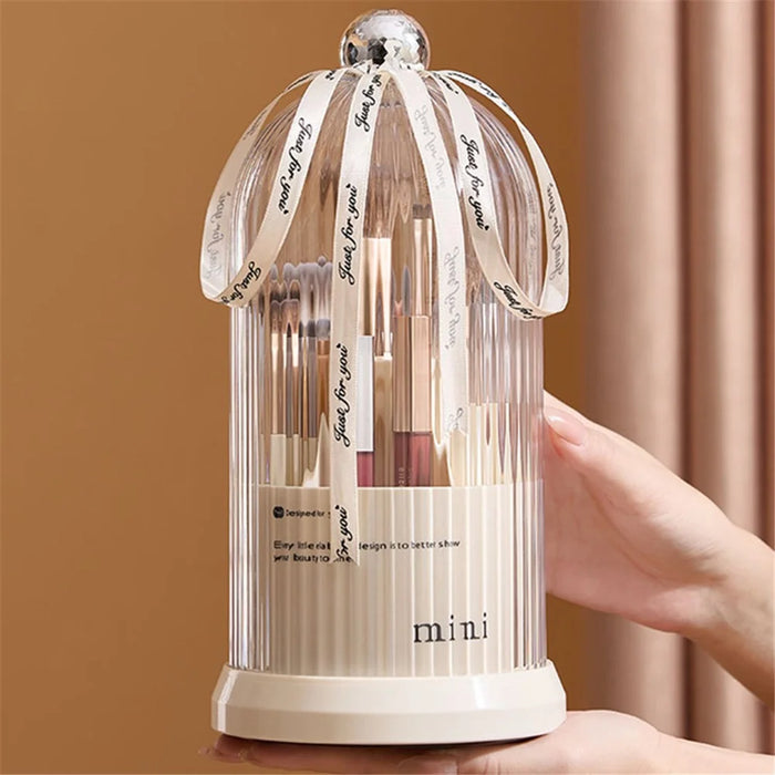 Makeup Brush Storage Bucket Rotatable Dressing Table Cosmetics Storage Rack with Lid - Beige - 3
