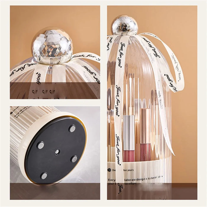 Makeup Brush Storage Bucket Rotatable Dressing Table Cosmetics Storage Rack with Lid - Beige - 5