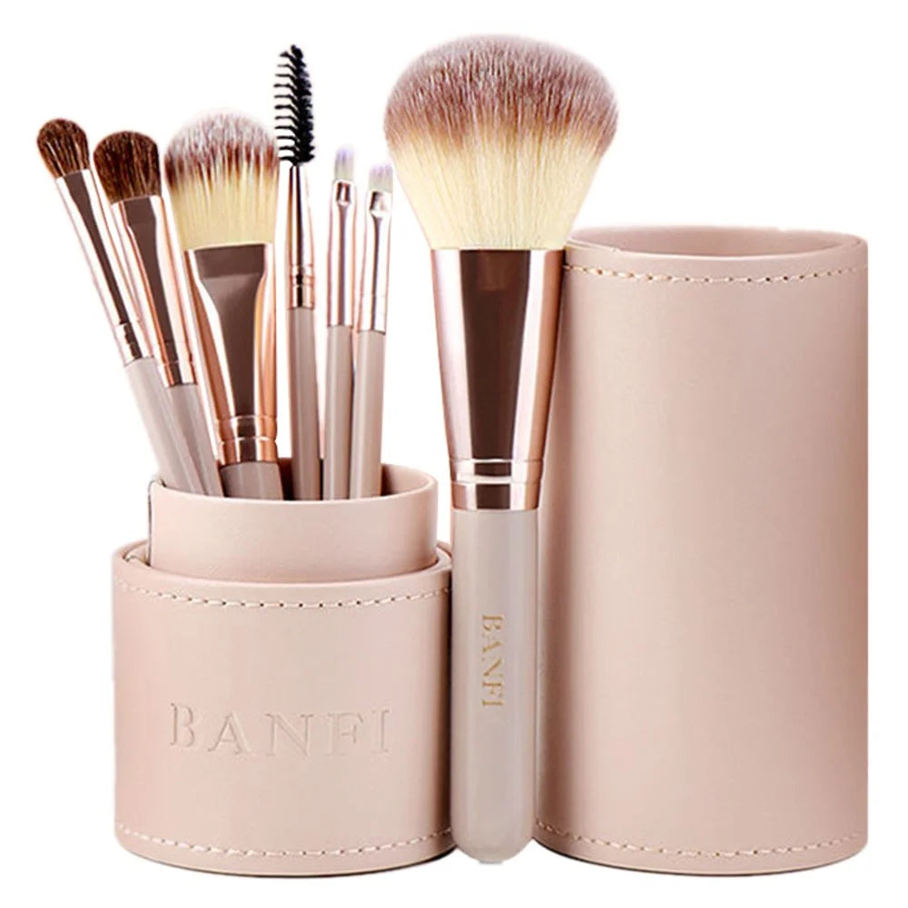 BANFI 7Pcs Eyeshadow Foundation Lip Makeup Brush Set with Cylindrical Box - Pink - 1
