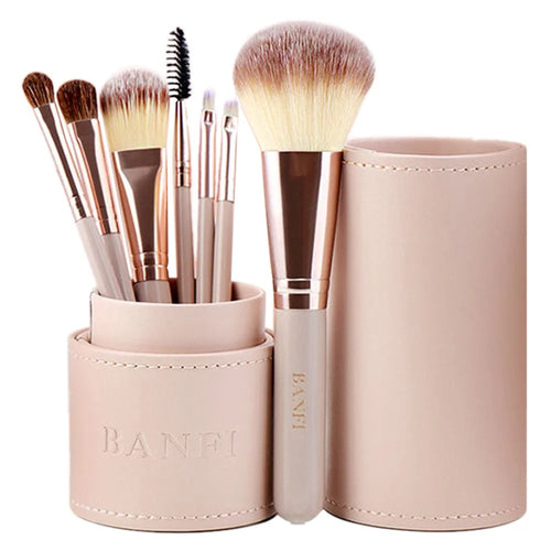 BANFI 7Pcs Eyeshadow Foundation Lip Makeup Brush Set with Cylindrical Box - Pink - 1
