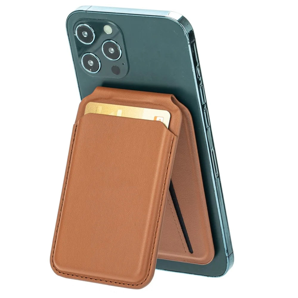 For iPhone 12-15 Series Magnetic PU Leather Card Bag Kickstand Phone Back Card Holder - Brown - 1