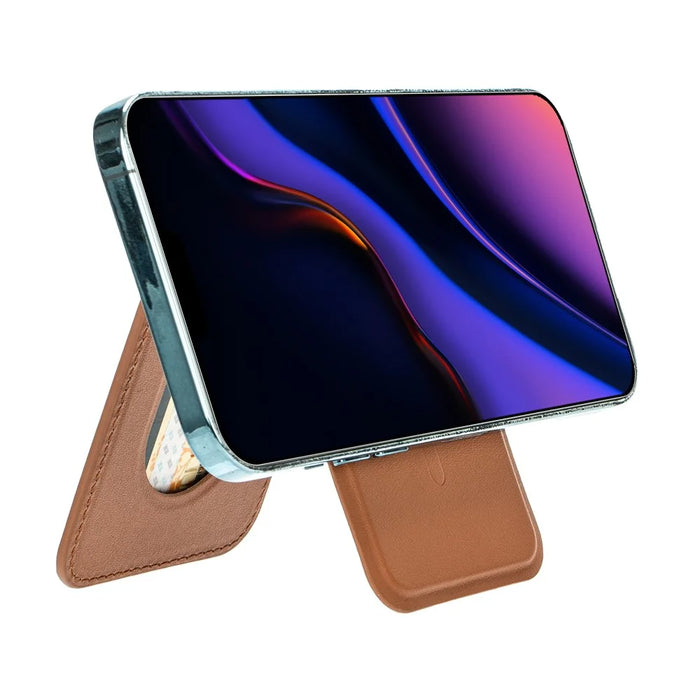 For iPhone 12-15 Series Magnetic PU Leather Card Bag Kickstand Phone Back Card Holder - Brown - 2