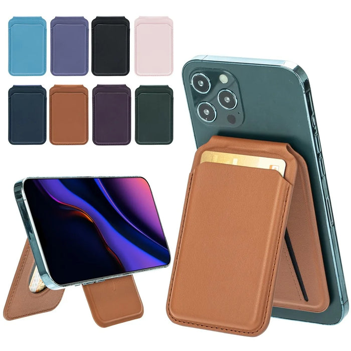 For iPhone 12-15 Series Magnetic PU Leather Card Bag Kickstand Phone Back Card Holder - Brown - 7