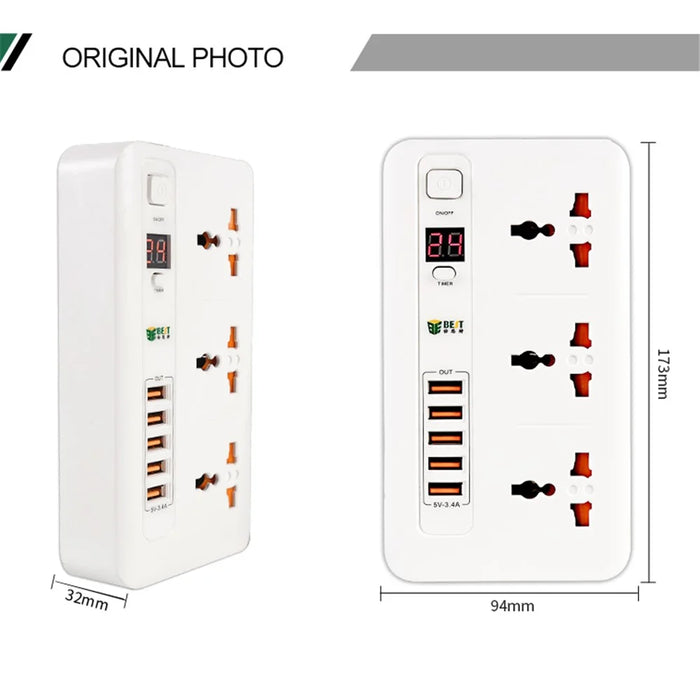 BEST BST-04 Power Strip 3 AC Outlets Time Setting with 5 USB Charging Ports Surge Protector (EU Plug) - Random Color - 7
