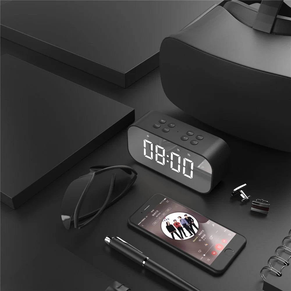 Black - AEC BT501 Portable Bluetooth-compatible 5.0 Speaker with Large LED Display Clock Mirror Support Aux-in/TF Card - 3