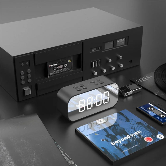Black - AEC BT501 Portable Bluetooth-compatible 5.0 Speaker with Large LED Display Clock Mirror Support Aux-in/TF Card - 5