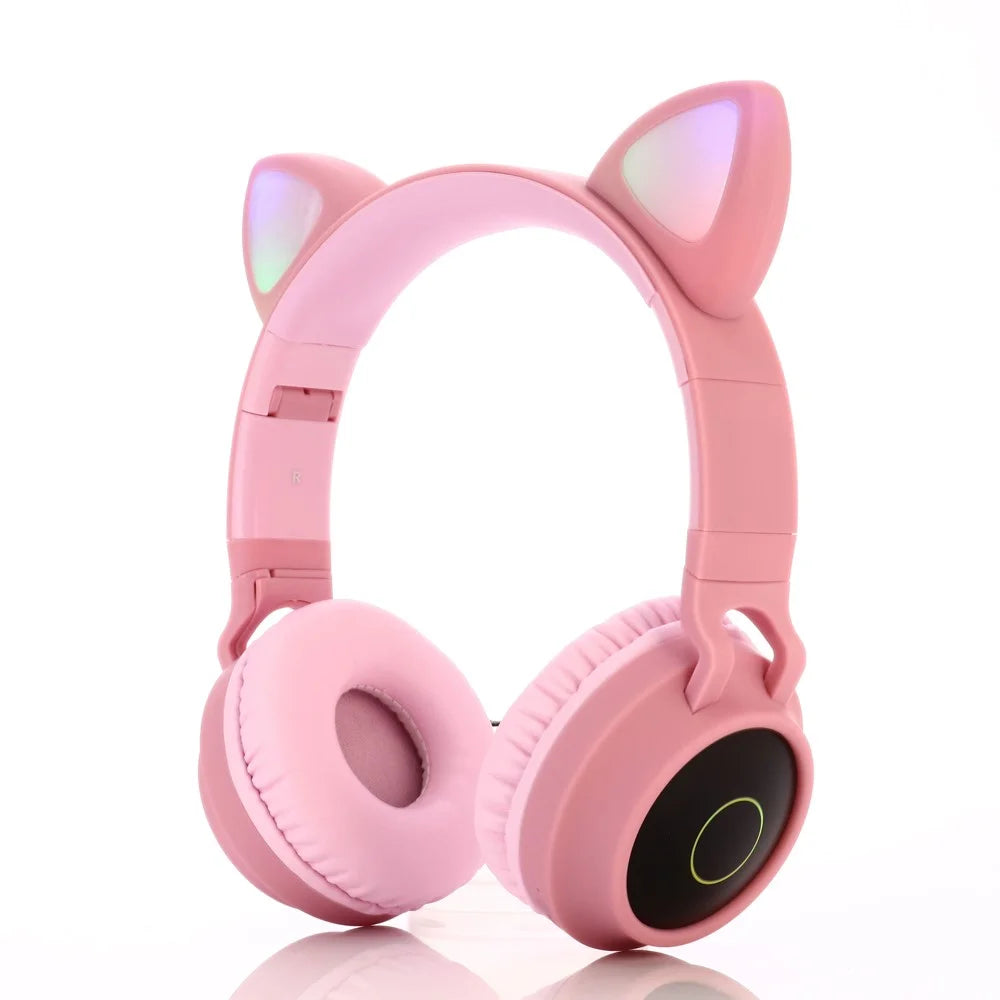 Cute Cat Ear Kids Women Bluetooth-compatible 5.0 Headphone Foldable Over-Ear Stereo Wireless Headset with LED Light - Pink - 1
