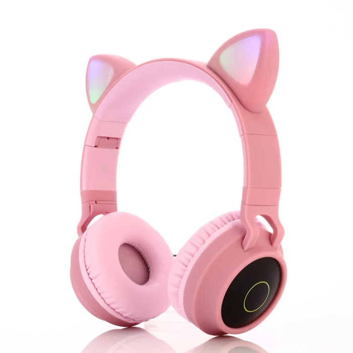 Cute Cat Ear Kids Women Bluetooth-compatible 5.0 Headphone Foldable Over-Ear Stereo Wireless Headset with LED Light - Pink - 1