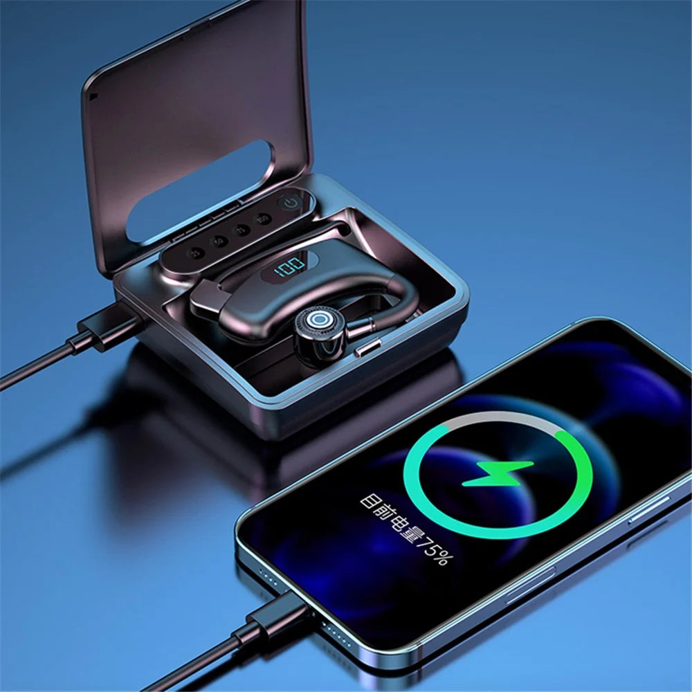 V12 Business Single Ear Digital Display Wireless Earhook Bluetooth-compatible Headset Hands-free Call Earphone with Charging Case - Black - 3