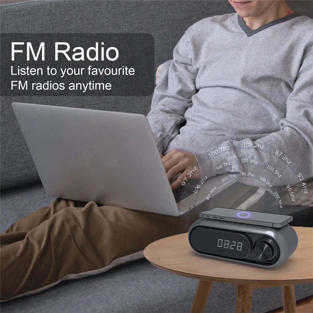WD-300 10W Phone Wireless Charger Rechargeable FM Radio Bluetooth-compatible Speaker Music Loudspeaker with Digital Alarm Clock - Black - 4