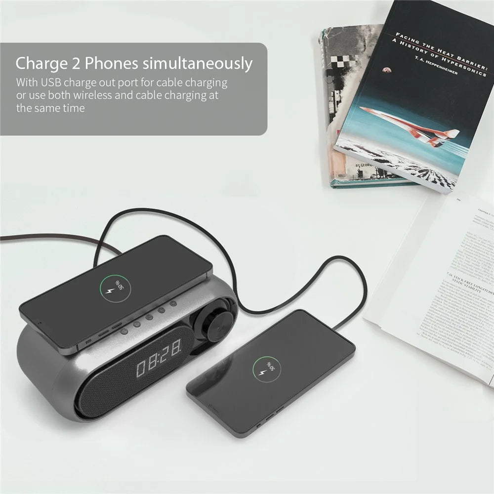 WD-300 10W Phone Wireless Charger Rechargeable FM Radio Bluetooth-compatible Speaker Music Loudspeaker with Digital Alarm Clock - Black - 6