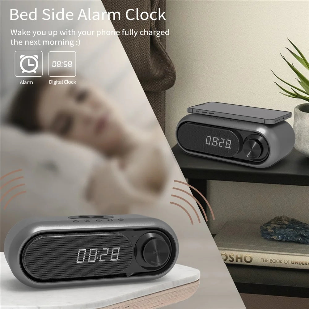 WD-300 10W Phone Wireless Charger Rechargeable FM Radio Bluetooth-compatible Speaker Music Loudspeaker with Digital Alarm Clock - Black - 7