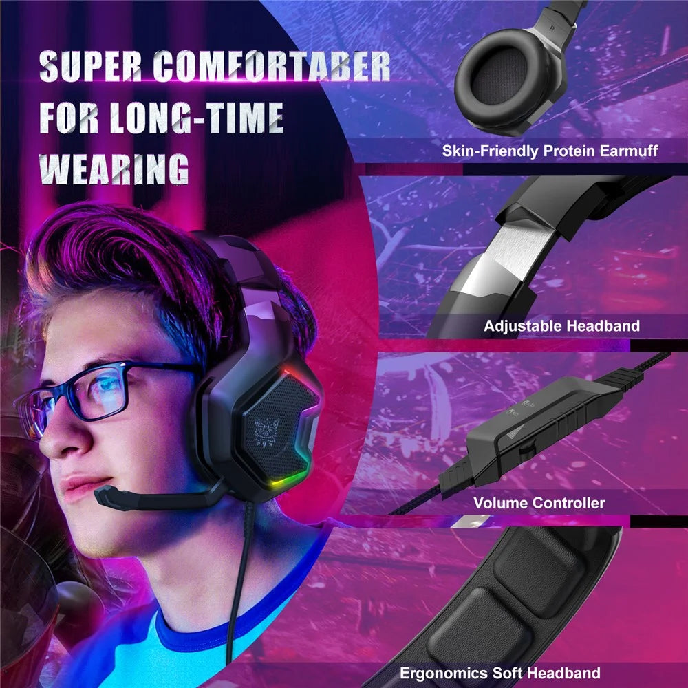 ONIKUMA K10 Pro Wired Stereo Gaming Headset Noise Cancelling Bass Sound Headphones with Mic and LED Light - 4