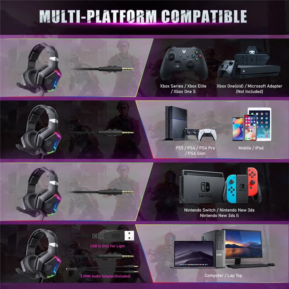 ONIKUMA K10 Pro Wired Stereo Gaming Headset Noise Cancelling Bass Sound Headphones with Mic and LED Light - 6