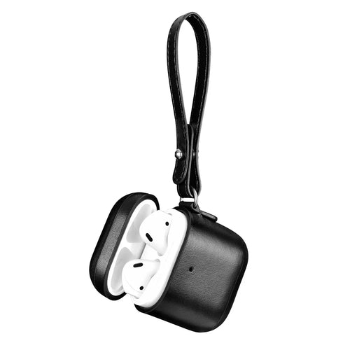 ICARER Cowhide Leather AirPods Case with Strap for Apple AirPods with Wireless Charging Case (2019) / AirPods with Charging Case (2019)/(2016) - Black - 1