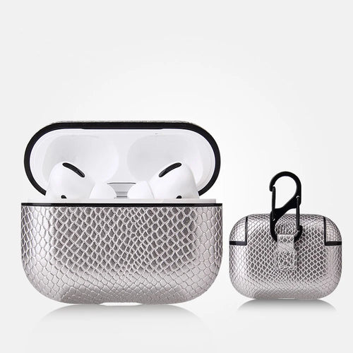 Pure Color Snake Texture Leather Cover with Hook for Apple AirPods Pro - Silver - 1