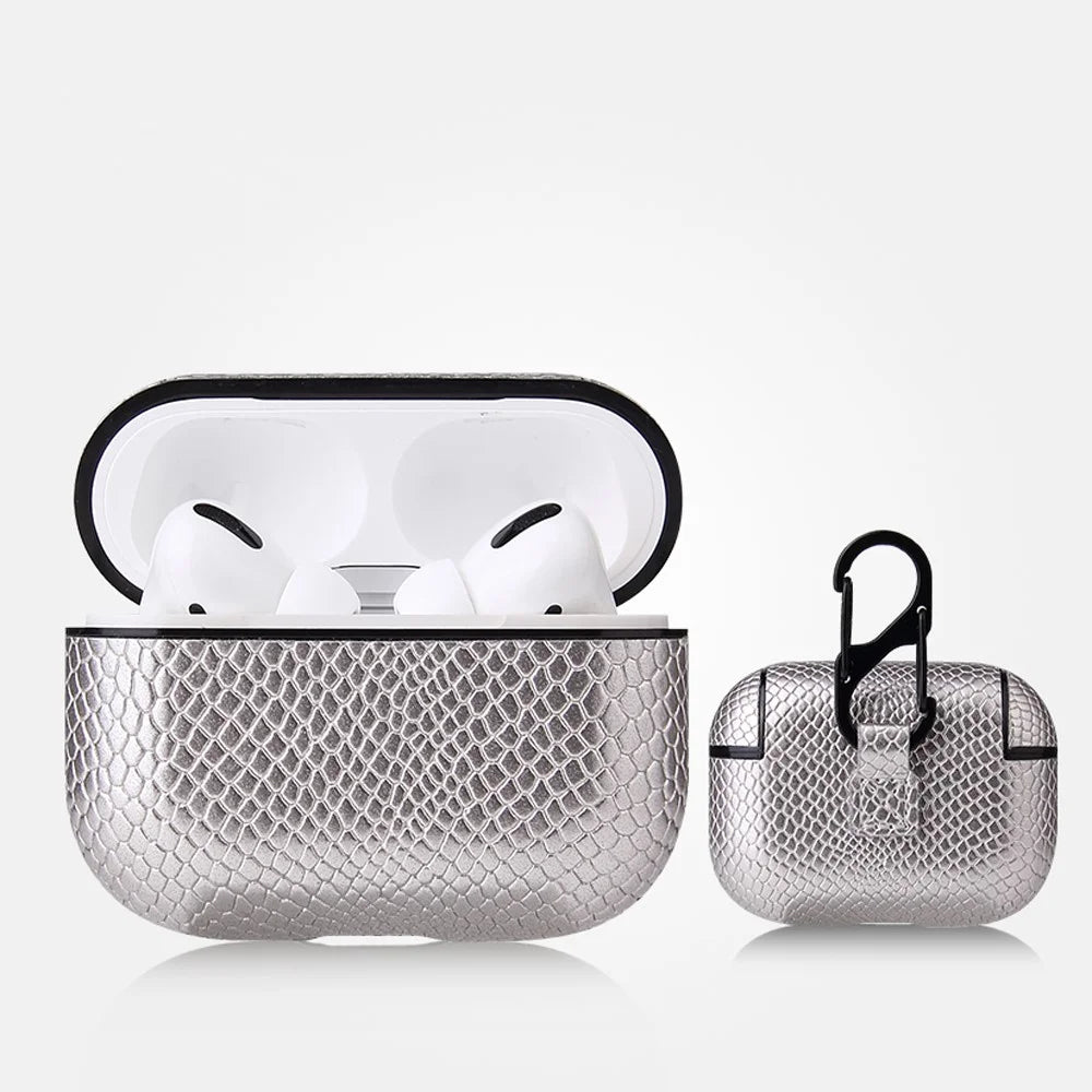 Pure Color Snake Texture Leather Cover with Hook for Apple AirPods Pro - Silver - 1
