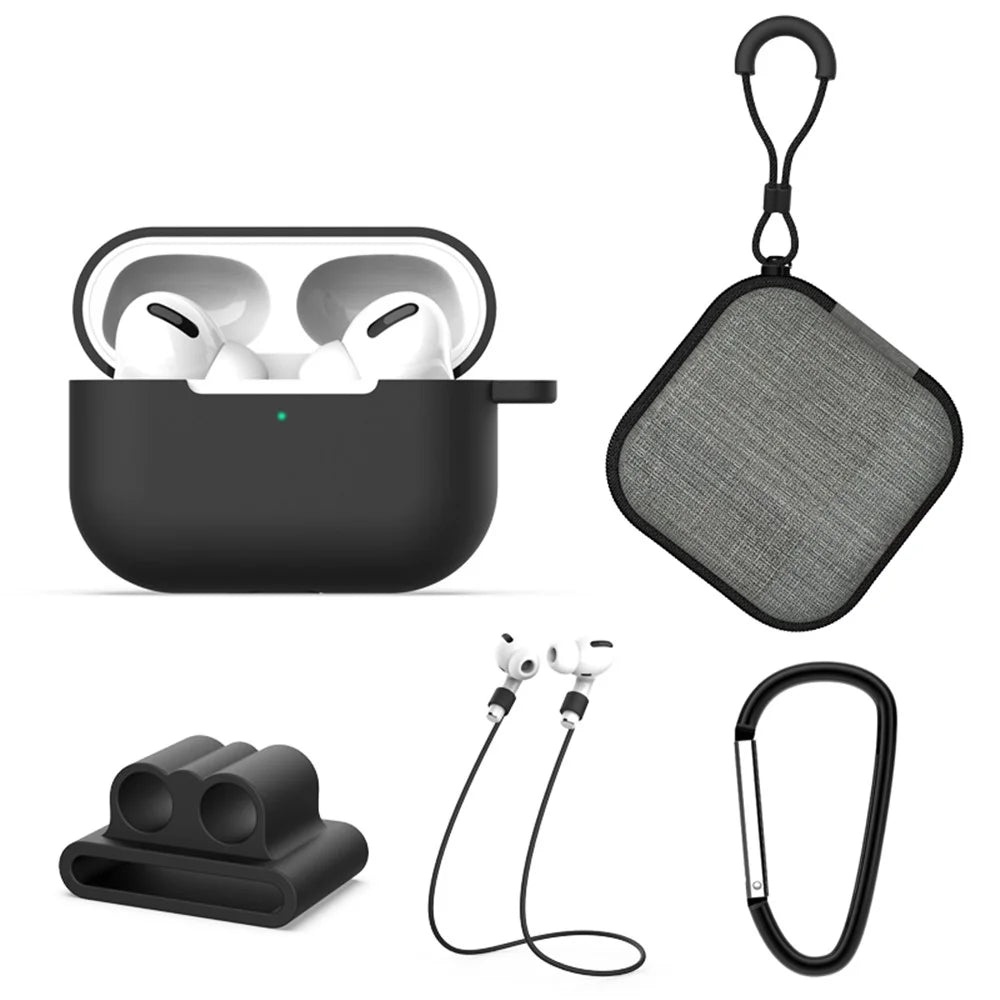 Headphone Lanyard+Portable Hook+Cloth Bag+Fixed Part Silicone Case for Airpods Pro - Black - 1
