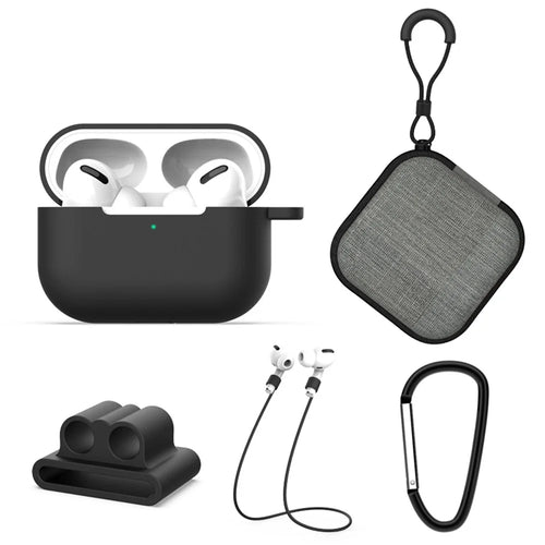Headphone Lanyard+Portable Hook+Cloth Bag+Fixed Part Silicone Case for Airpods Pro - Black - 1