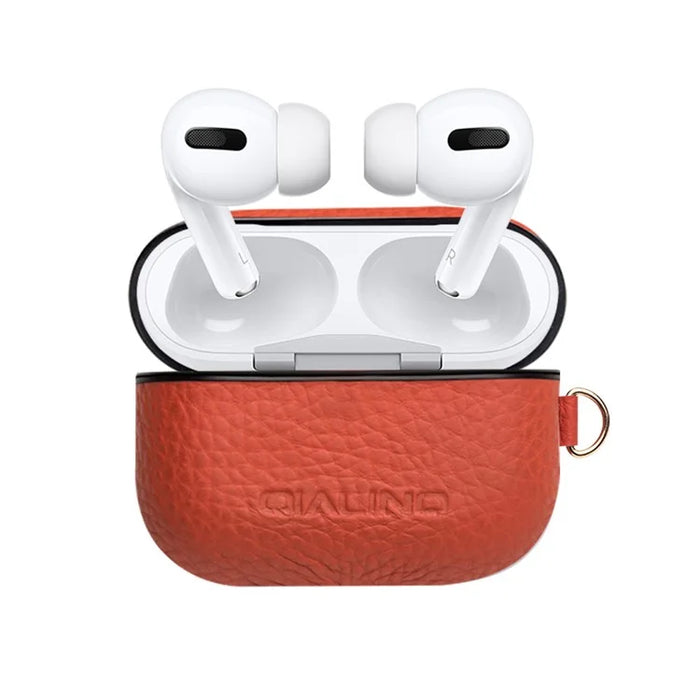 QIALINO For Apple AirPods Pro Shockproof Style Earphone Charging Box Protective Cover Cowhide Leather Case - Orange - 4