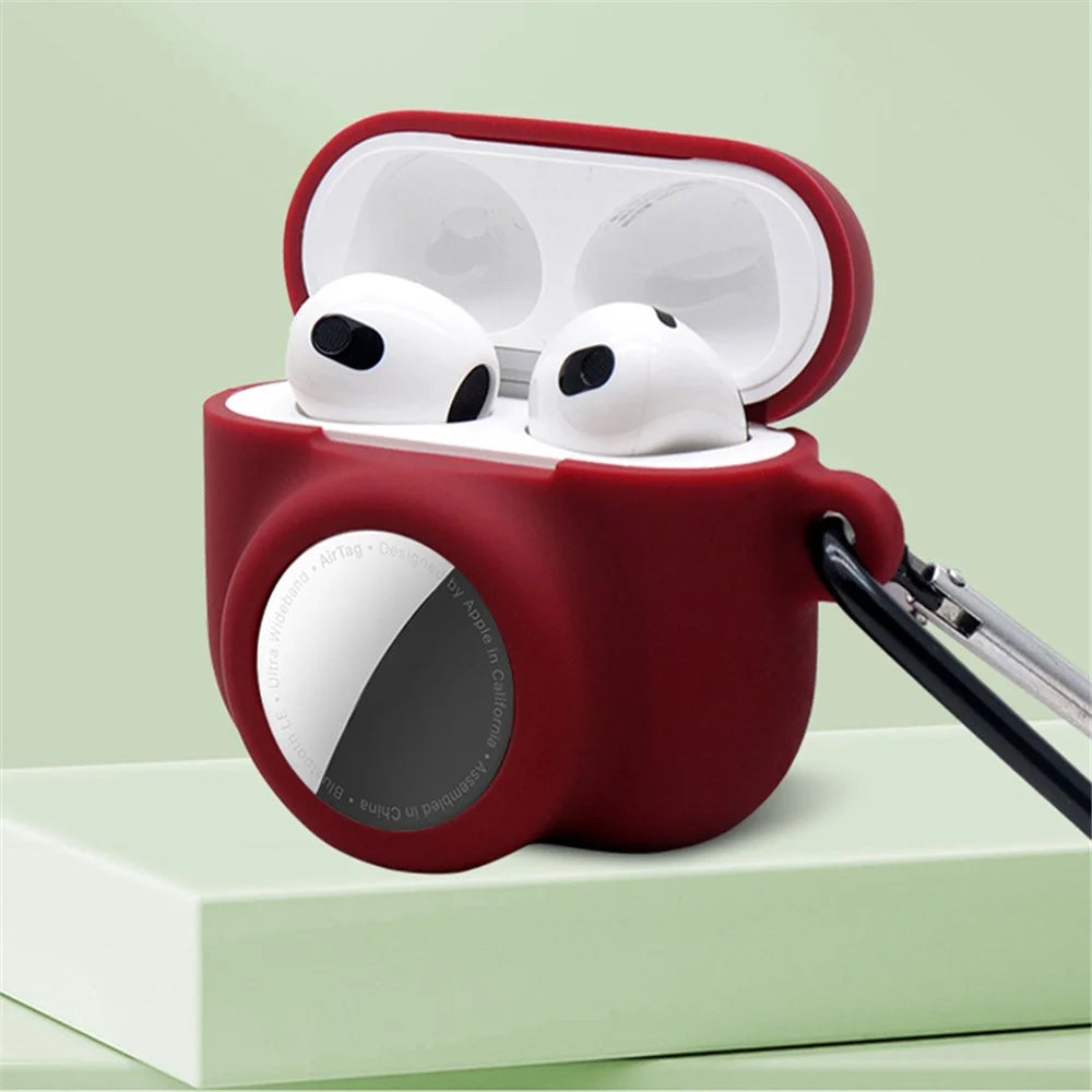 2 in 1 Soft Silicone Case Anti-scratch Protective Cover for AirPods 3/AirTag - Wine Red - 2