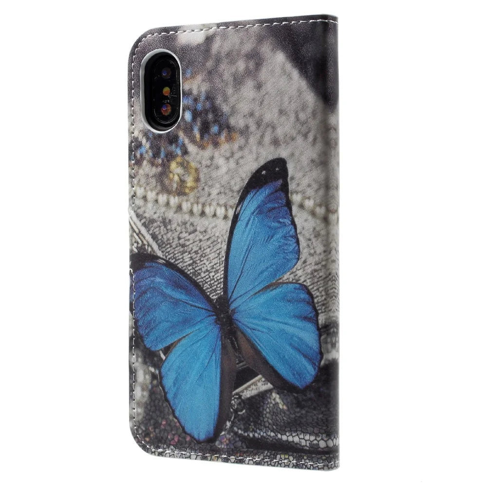 Pattern Printing Wallet Leather Flip Casing for iPhone X/XS 5.8 inch - Blue Butterfly - 2