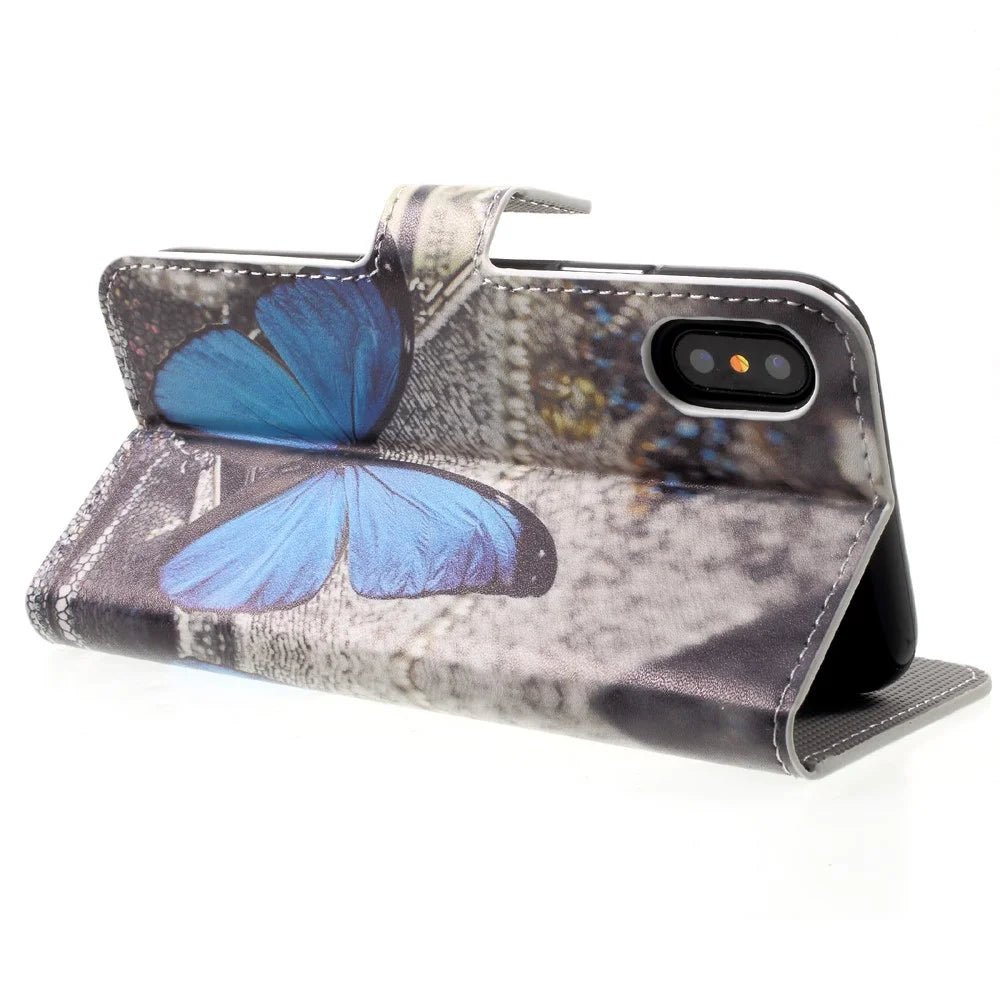 Pattern Printing Wallet Leather Flip Casing for iPhone X/XS 5.8 inch - Blue Butterfly - 5