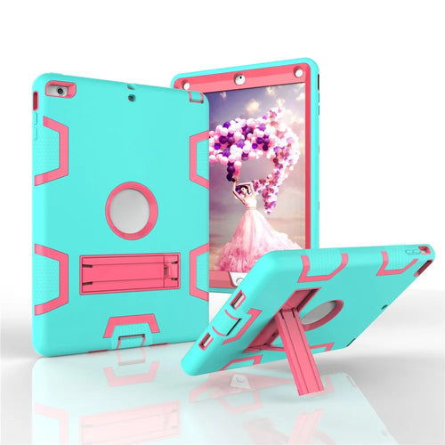 Armor Defender Kickstand PC Silicone Protector Case for iPad Air - Cyan / Rose - 1