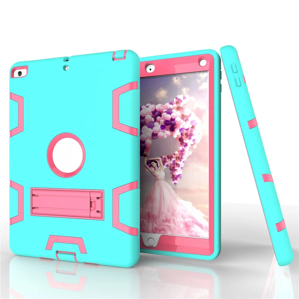 Armor Defender Kickstand PC Silicone Protector Case for iPad Air - Cyan / Rose - 2