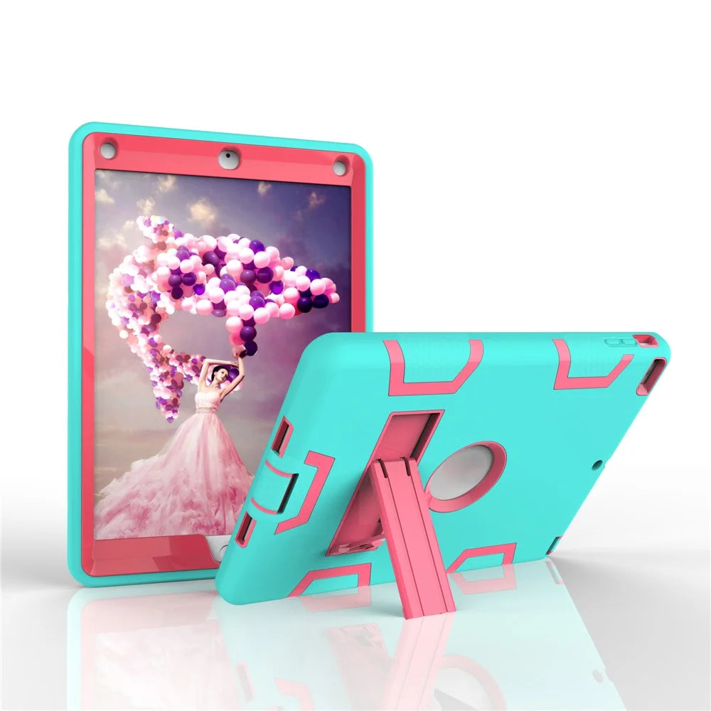 Armor Defender Kickstand PC Silicone Protector Case for iPad Air - Cyan / Rose - 5
