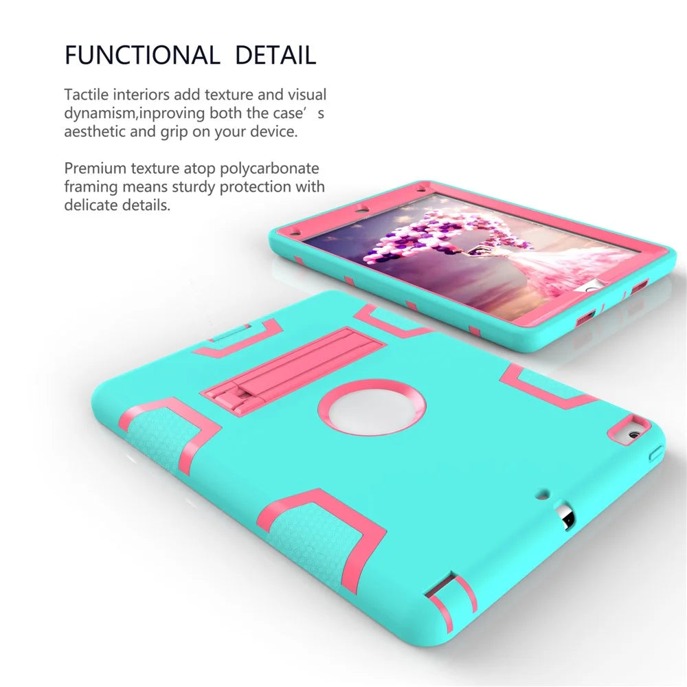 Armor Defender Kickstand PC Silicone Protector Case for iPad Air - Cyan / Rose - 6