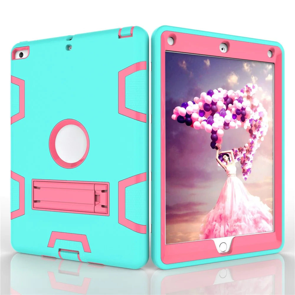 Armor Defender Kickstand PC Silicone Protector Case for iPad Air - Cyan / Rose - 7