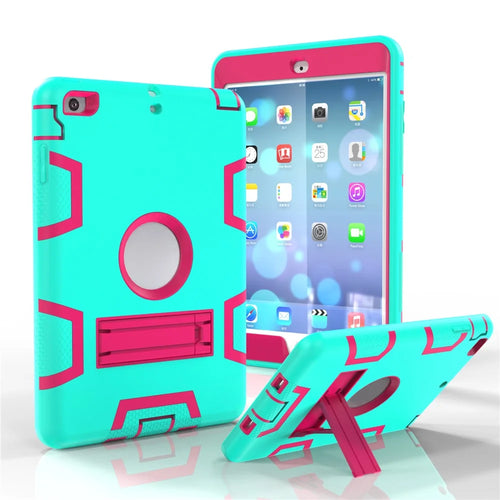 Kickstand PC Silicone Hybrid Armor Protective Cover for iPad mini 3 2 1 - Cyan / Rose - 1