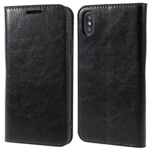 Crazy Horse Genuine Leather Case for iPhone X 5.8 inch, Stand Wallet Flip Folio Protective Cover - Black - 1