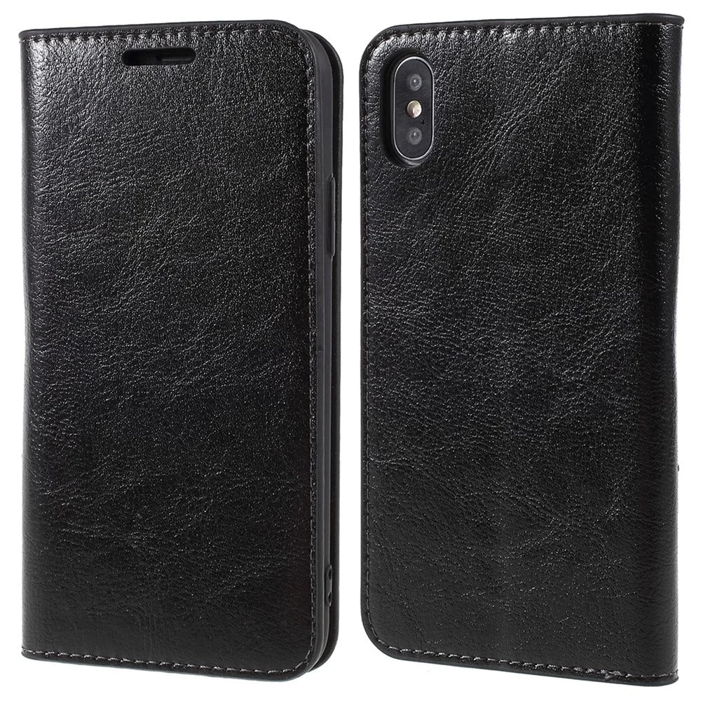 Crazy Horse Genuine Leather Case for iPhone X 5.8 inch, Stand Wallet Flip Folio Protective Cover - Black - 1
